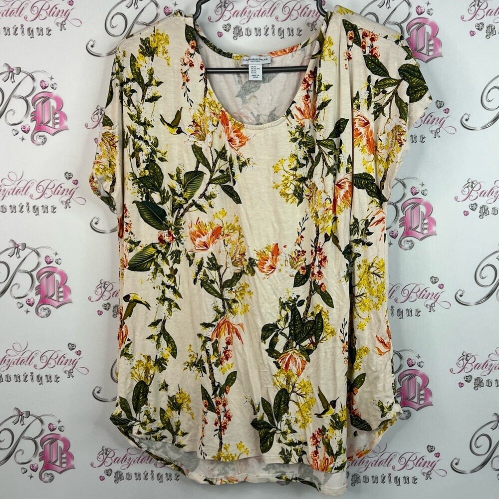 Carolina Belle tshirt tee flowers leafs tropical yellow Cream Floral Blouse